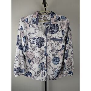 Chico's Floral Print Long Sleeve Button Front Shirt white pink blue